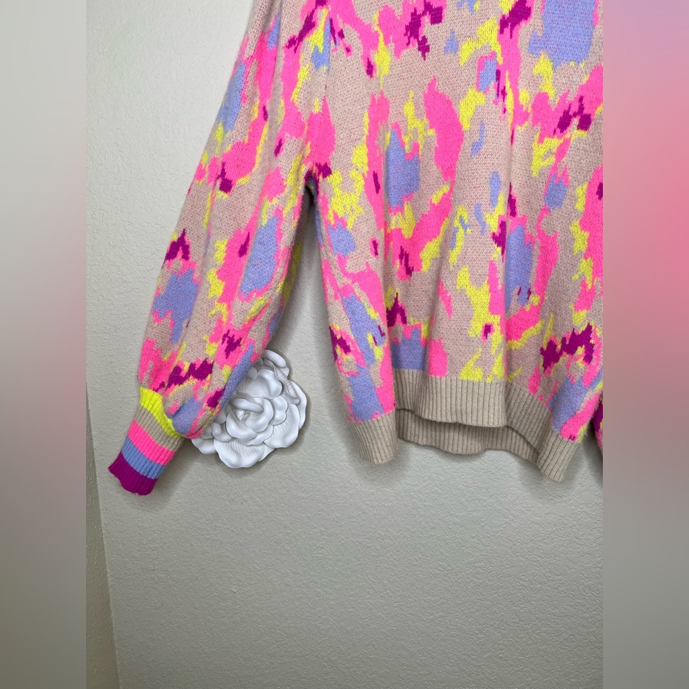 NTM Jodifl Abstract Print Sweater Neon Pink Taupe Balloon Sleeve Pullover Size L - Picture 6 of 16